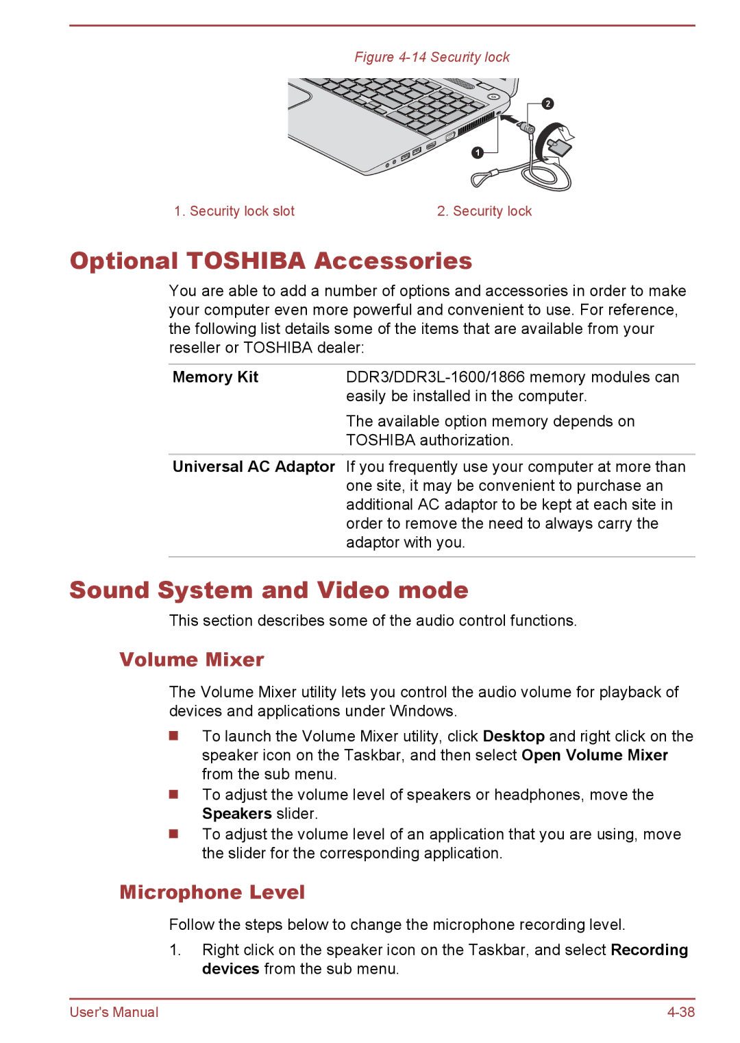 Toshiba L50t-A/L50Dt-A Optional Toshiba Accessories, Sound System and Video mode, Volume Mixer, Microphone Level 