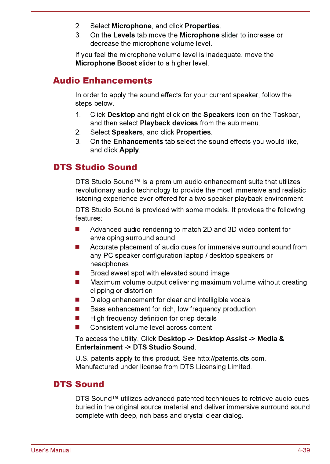 Toshiba L50-A/L50D-A, L50t-A/L50Dt-A user manual Audio Enhancements, DTS Studio Sound, DTS Sound 