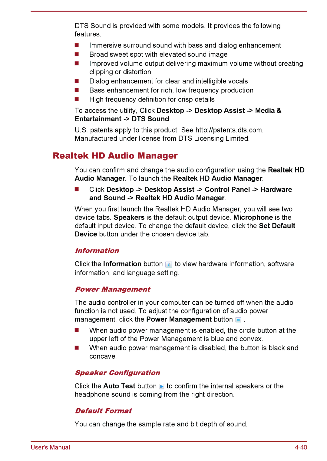 Toshiba L50t-A/L50Dt-A Realtek HD Audio Manager, Information, Power Management, Speaker Configuration, Default Format 