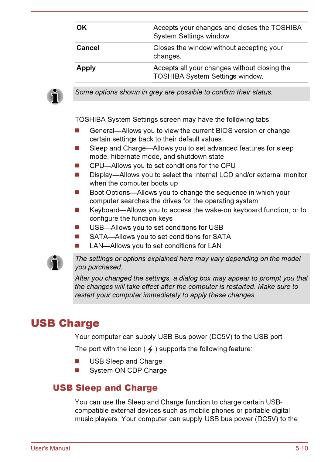 Toshiba L50-A/L50D-A, L50t-A/L50Dt-A user manual USB Charge, USB Sleep and Charge, Cancel, Apply 