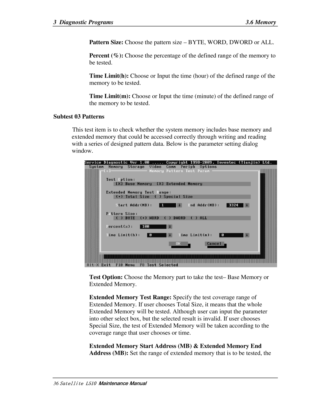 Toshiba L515, L517 manual 36   , Subtest03Patterns, ExtendedMemoryStartAddressMB&ExtendedMemoryEnd 