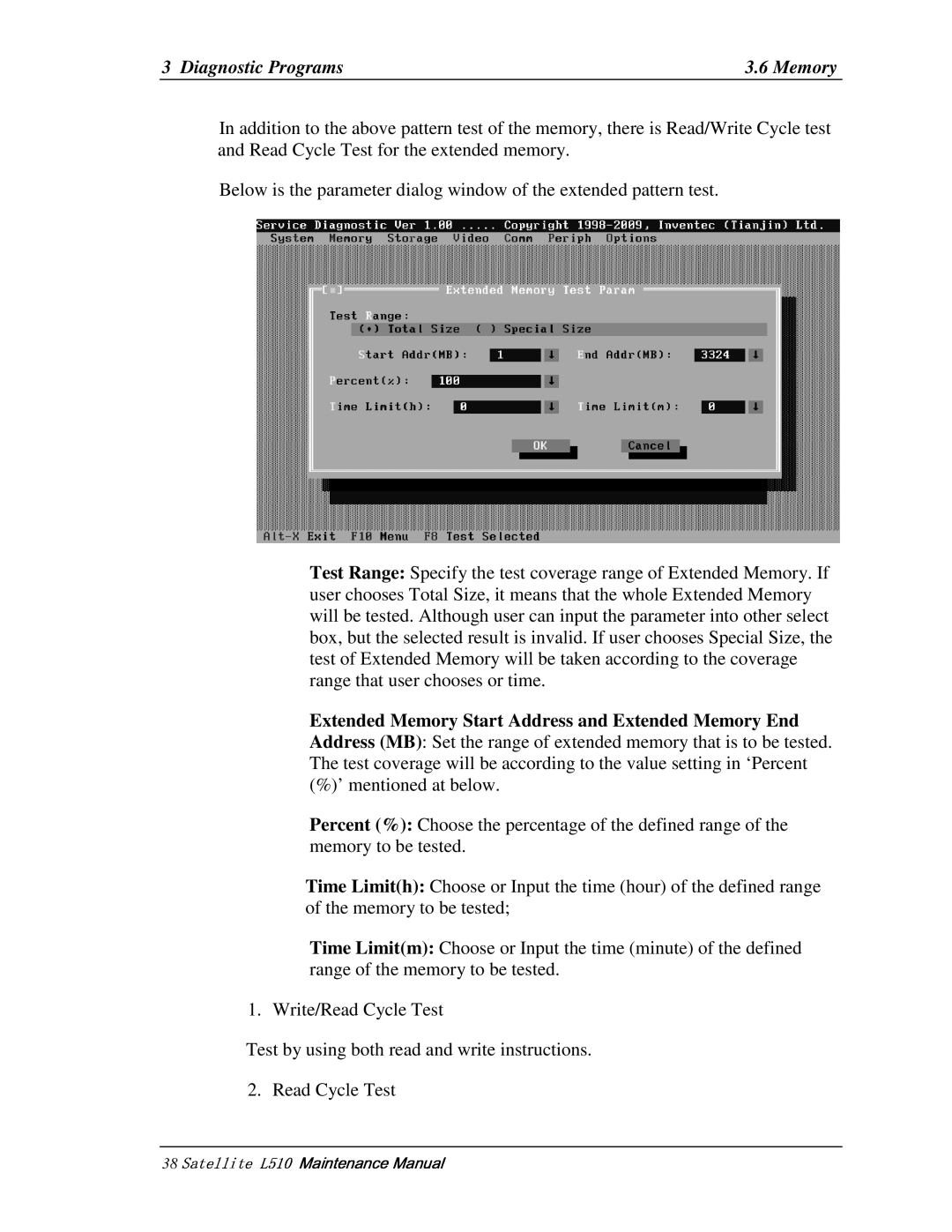 Toshiba L515, L517 manual 38   , Belowistheparameterdialogwindowoftheextendedpatterntest 