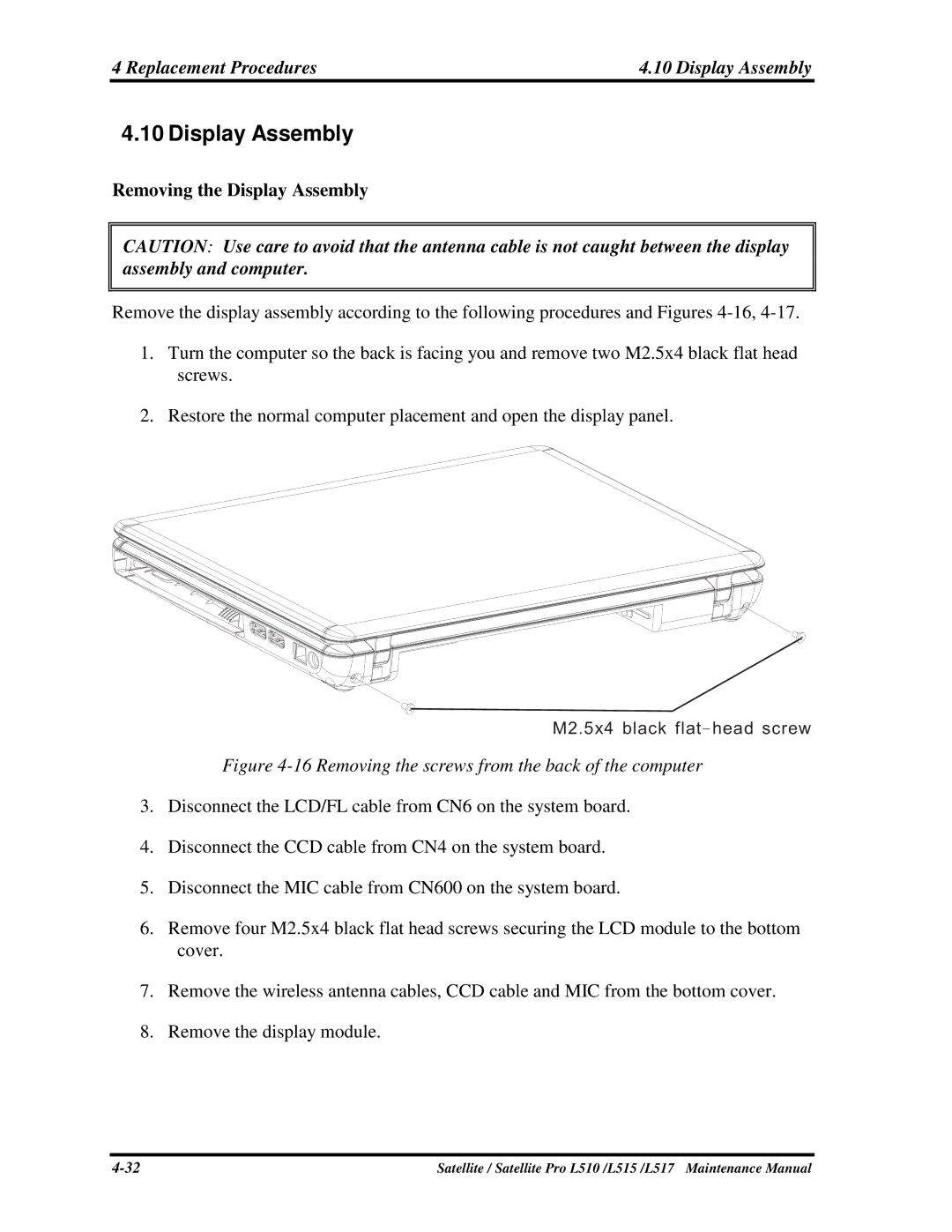 Toshiba L515, L517 manual 10DisplayAssembly, Replacement Procedures, RemovingtheDisplayAssembly 