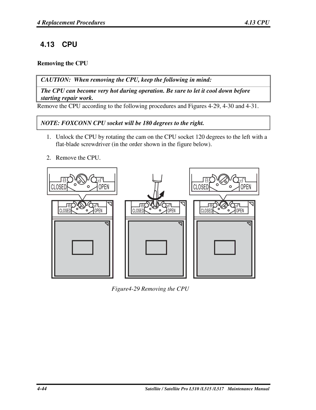 Toshiba L515, L517 manual 13CPU, RemovingtheCPU, RemovetheCPU 