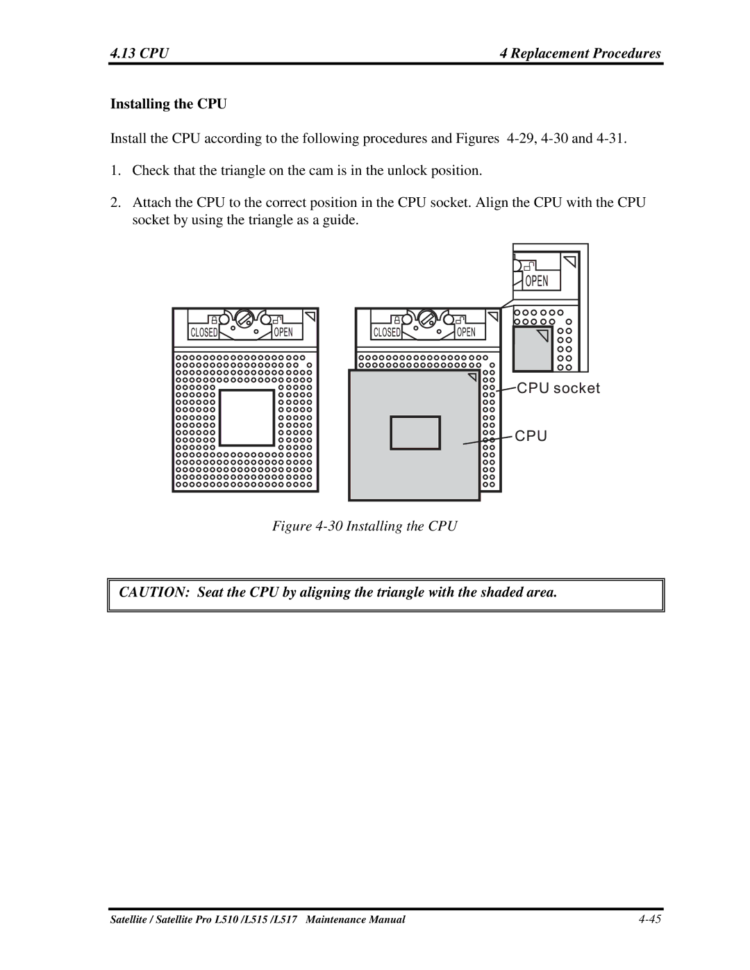 Toshiba L517, L515 manual 13CPU, InstallingtheCPU, Checkthatthetriangleonthecamisintheunlockposition 