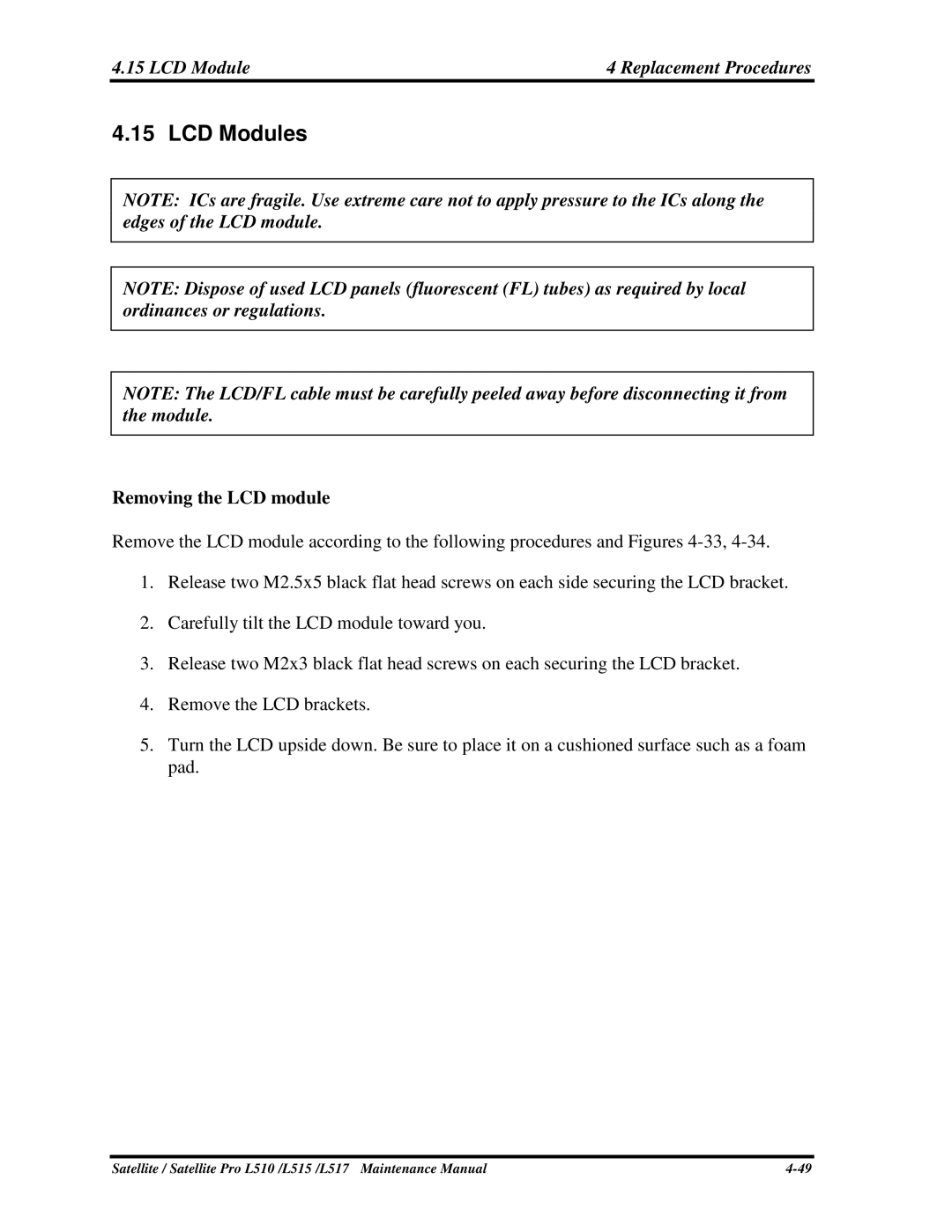 Toshiba L517, L515 manual LCDModules, 15LCDModule, RemovingtheLCDmodule 
