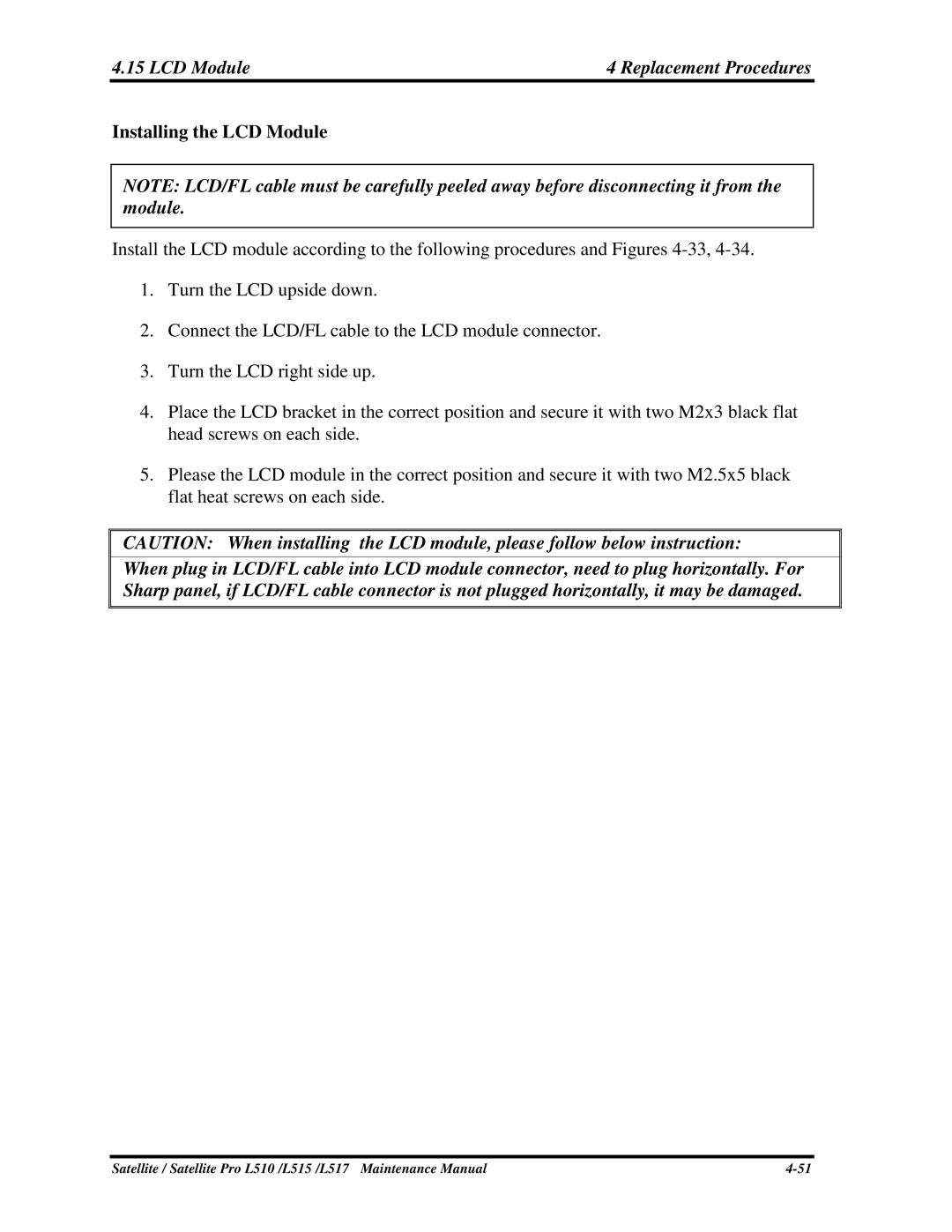 Toshiba L517, L515 manual InstallingtheLCDModule 