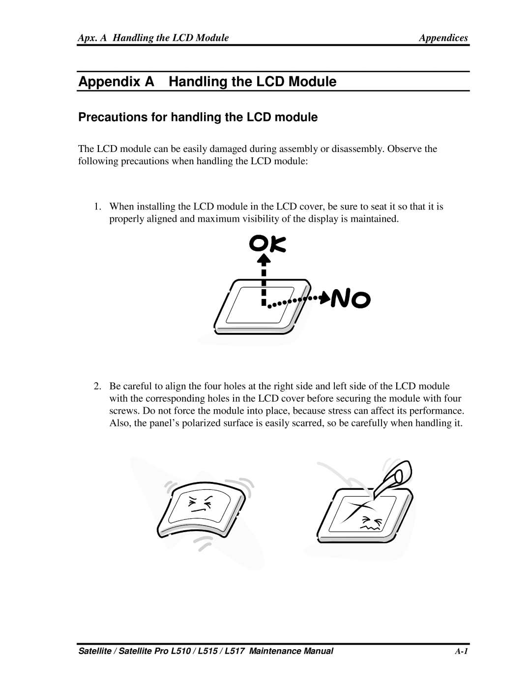 Toshiba L517, L515 manual PrecautionsforhandlingtheLCDmodule, Apx.AHandlingtheLCDModule 