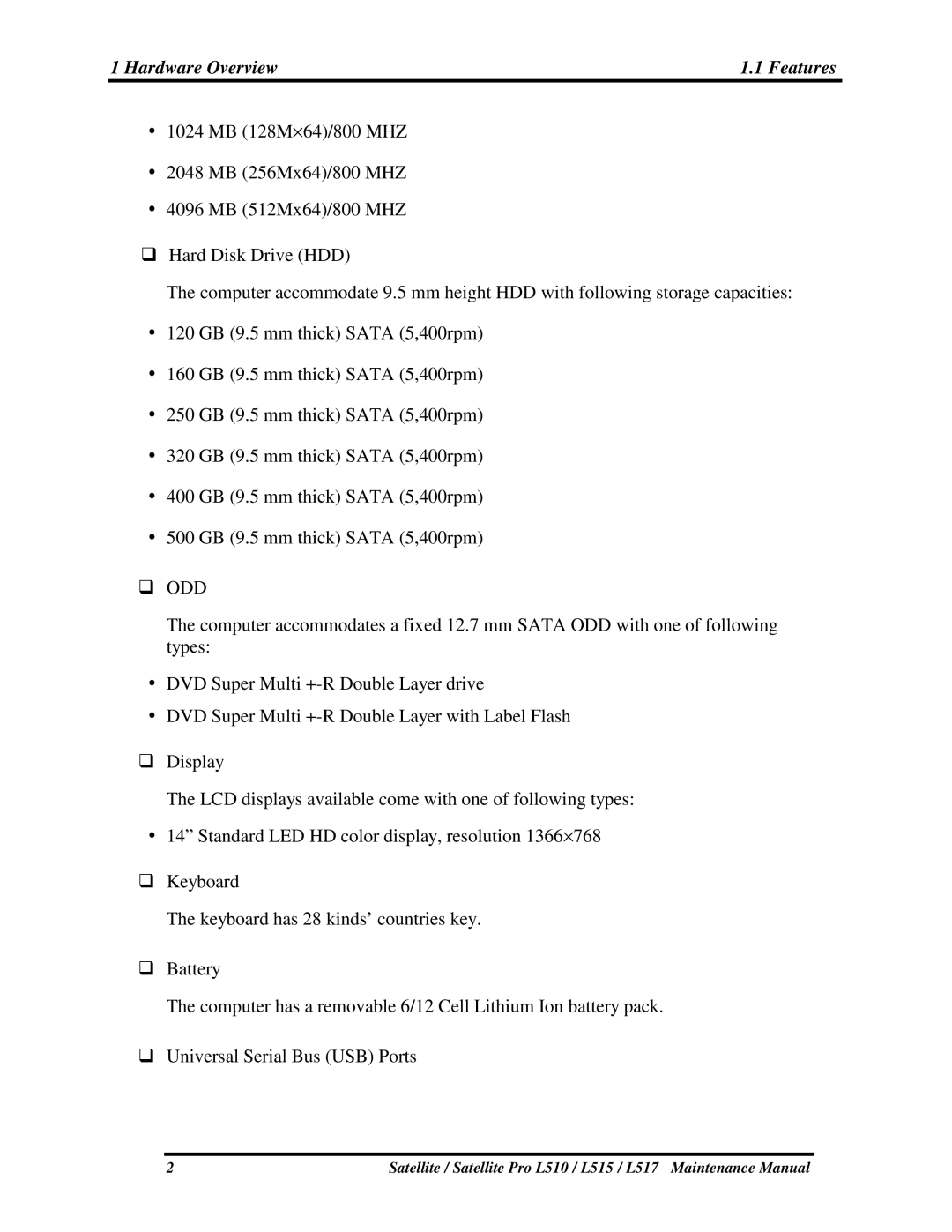 Toshiba L517, L515 manual 1024MB128M⋅64/800MHZ, UniversalSerialBusUSBPorts 