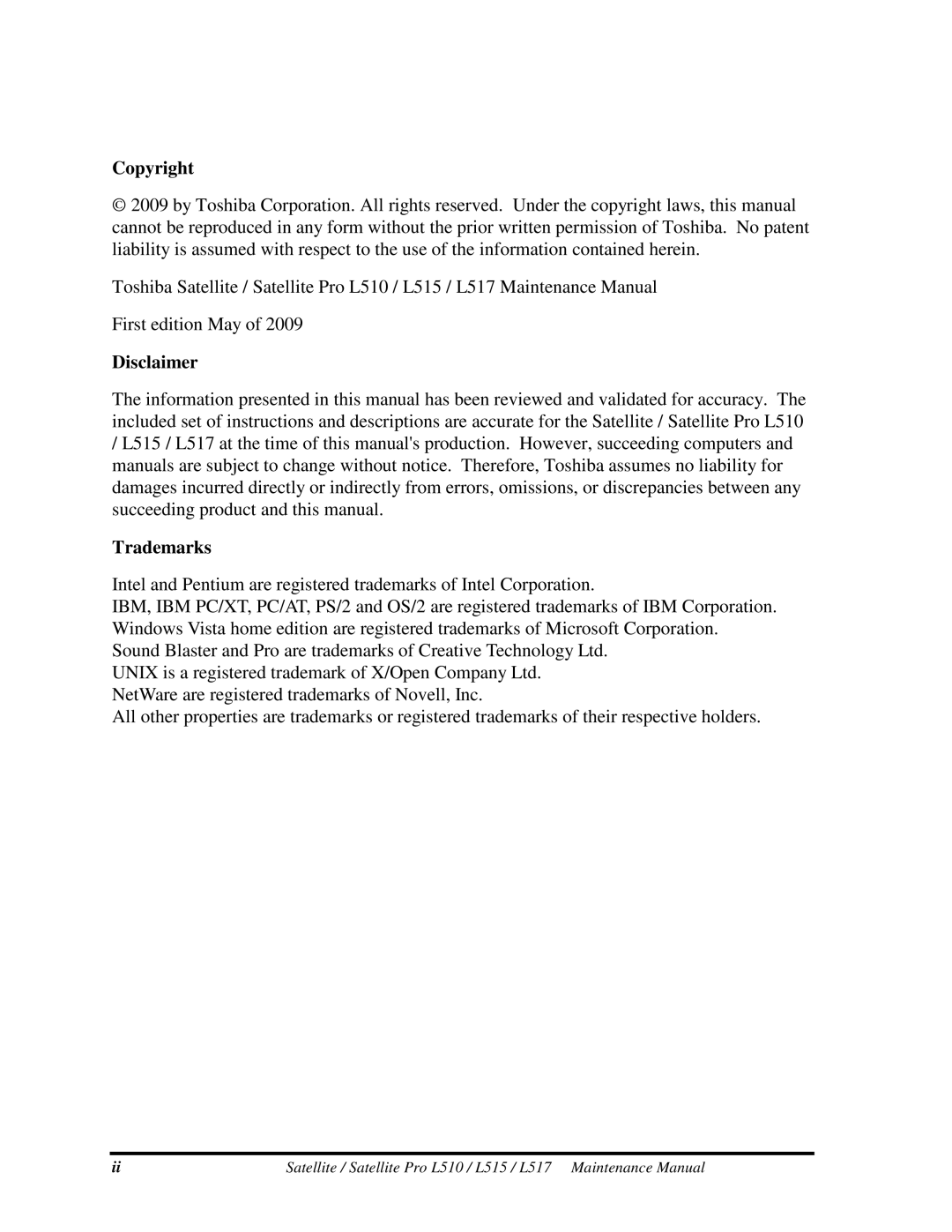 Toshiba L515, L517 manual Copyright, Disclaimer, Trademarks 