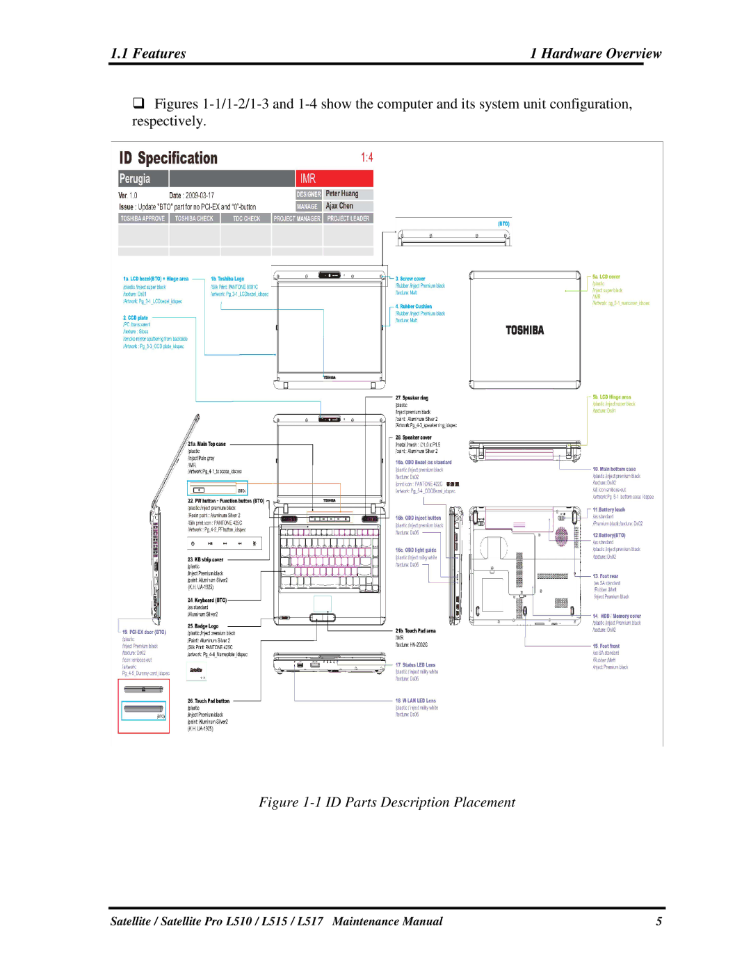 Toshiba L515, L517 manual Features, 1IDPartsDescriptionPlacement 