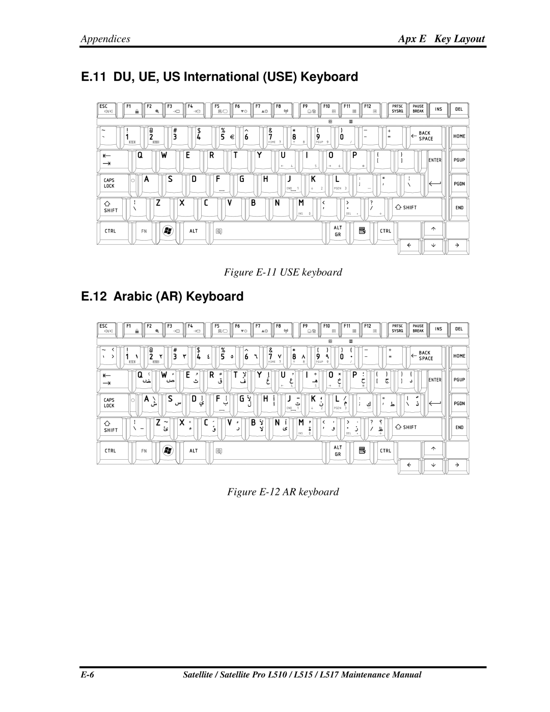 Toshiba L517, L515 manual 11 DU,UE,USInternationalUSEKeyboard, ArabicARKeyboard 