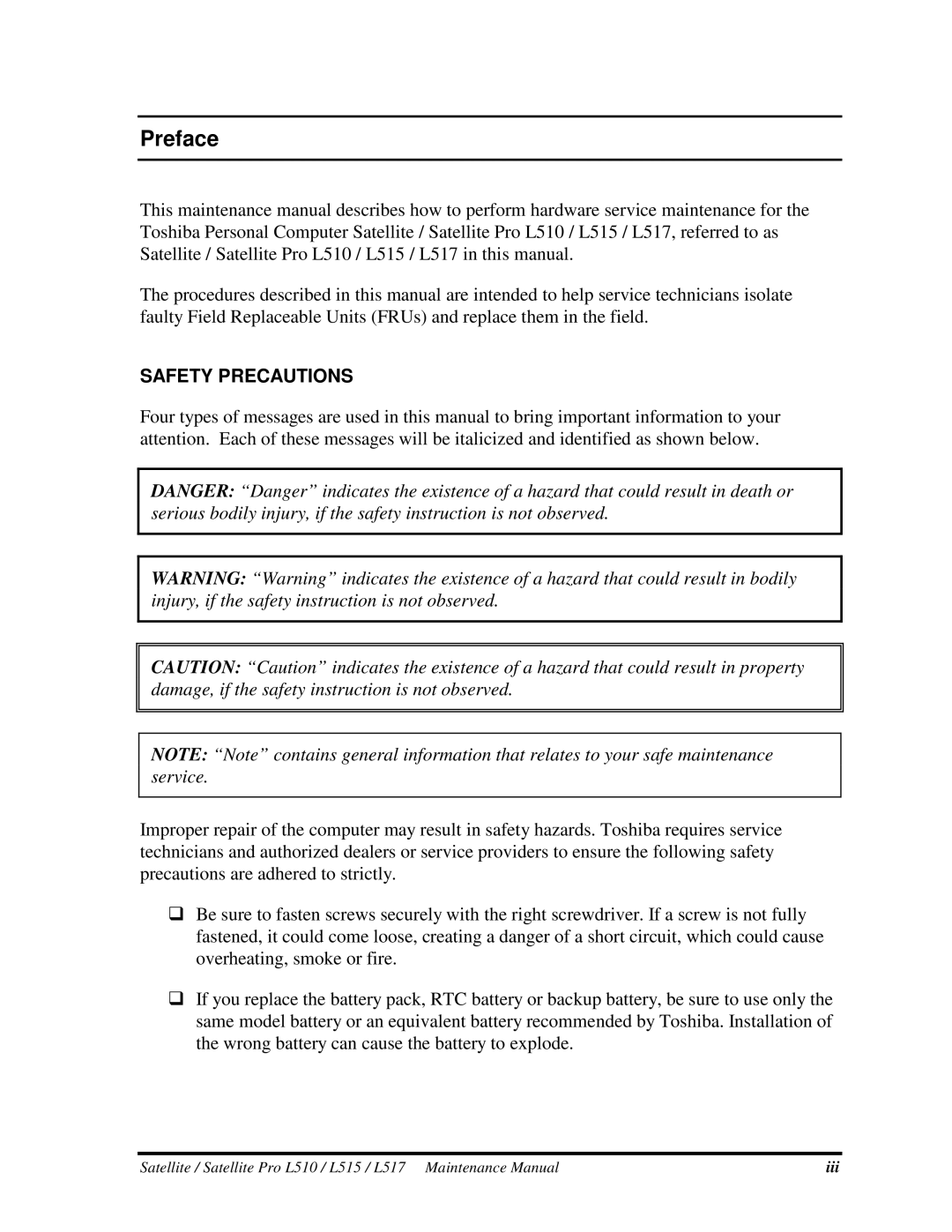 Toshiba Preface, Satellite/SatelliteProL510/L515/L517inthismanual 