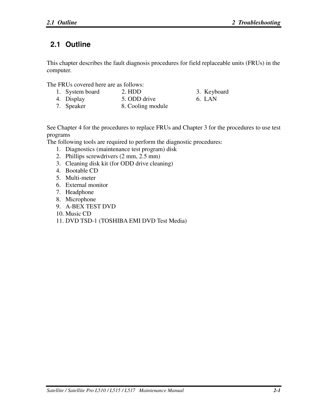 Toshiba L515, L517 manual 1Outline2Troubleshooting 