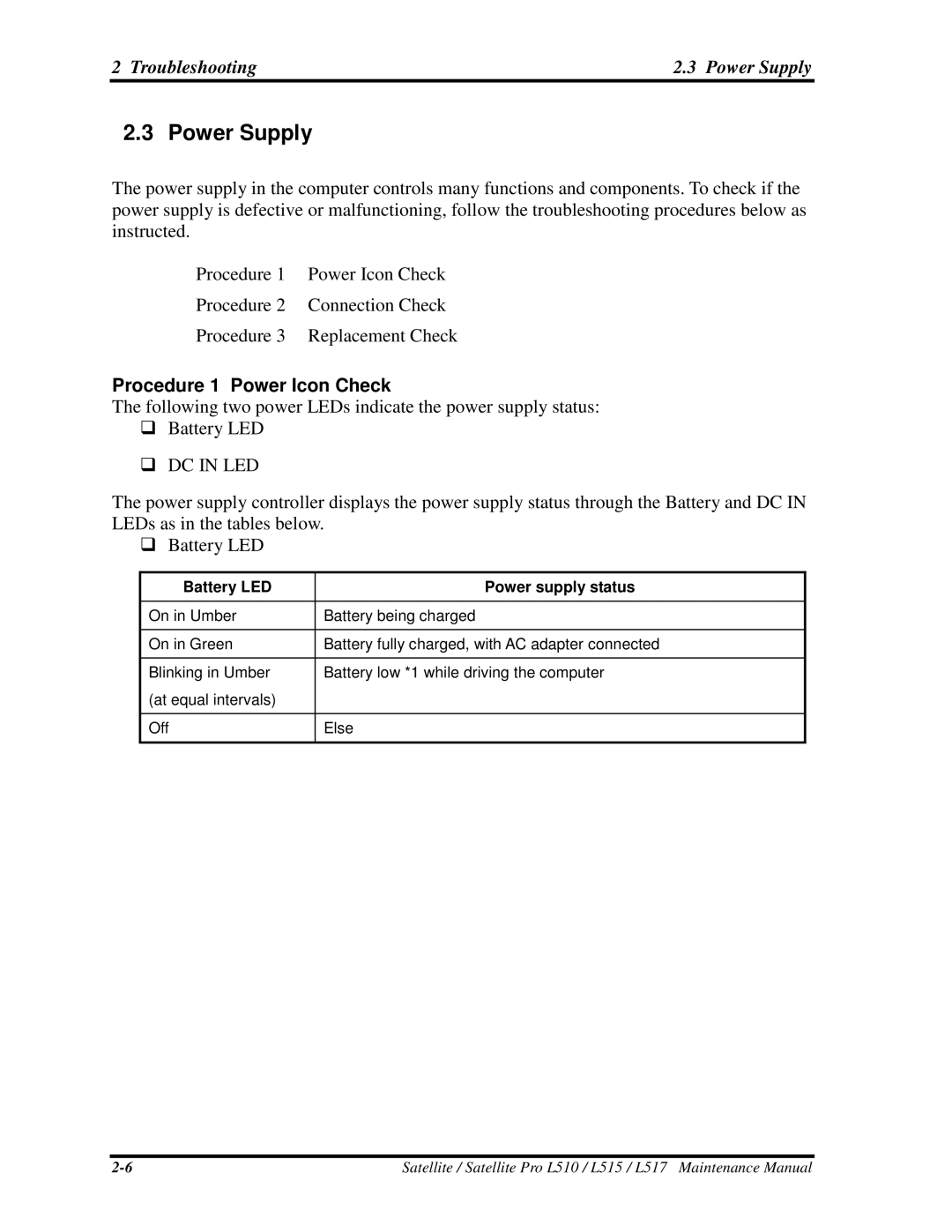 Toshiba L517, L515 manual PowerSupply, Procedure1PowerIconCheck, LEDsasinthetablesbelow BatteryLED 