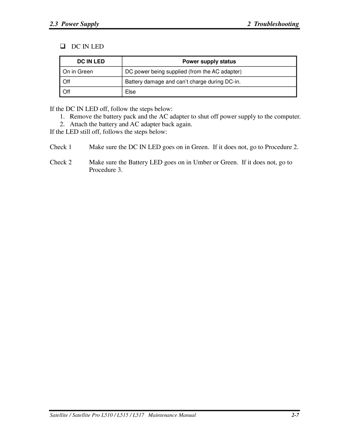 Toshiba L515, L517 manual IftheDCINLEDoff,followthestepsbelow, Procedure 