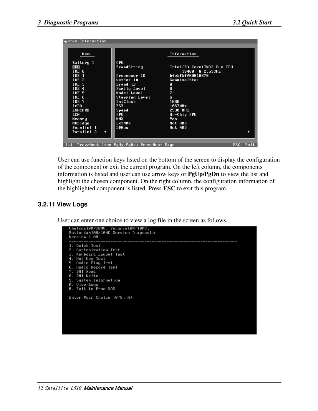 Toshiba L515, L517 manual 12   , 11ViewLogs, Usercanenteronechoicetoviewalogfileinthescreenasfollows 