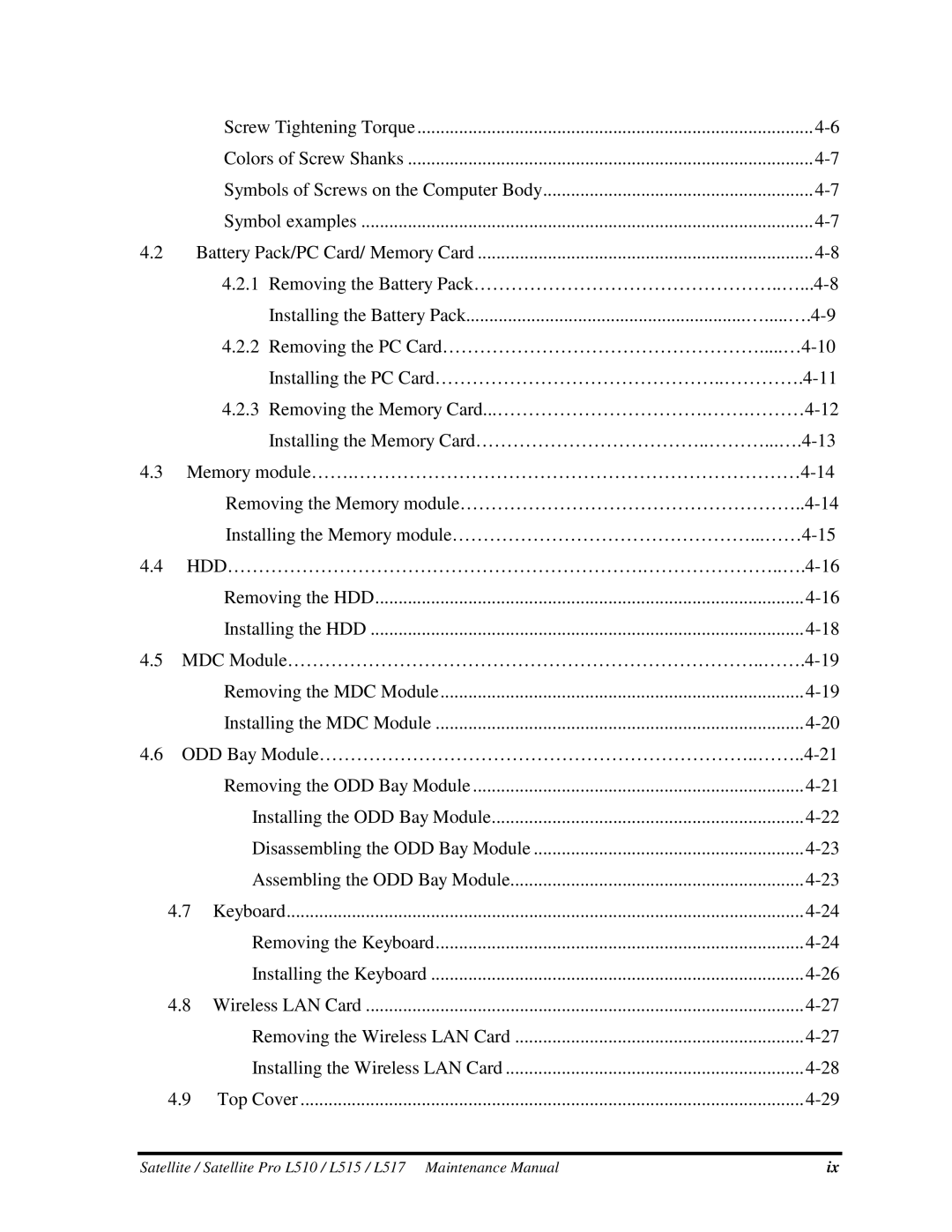 Toshiba L517, L515 ScrewTighteningTorque ColorsofScrewShanks, Symbolexamples, 5MDCModule…………………………………………………………………..…….4-19 