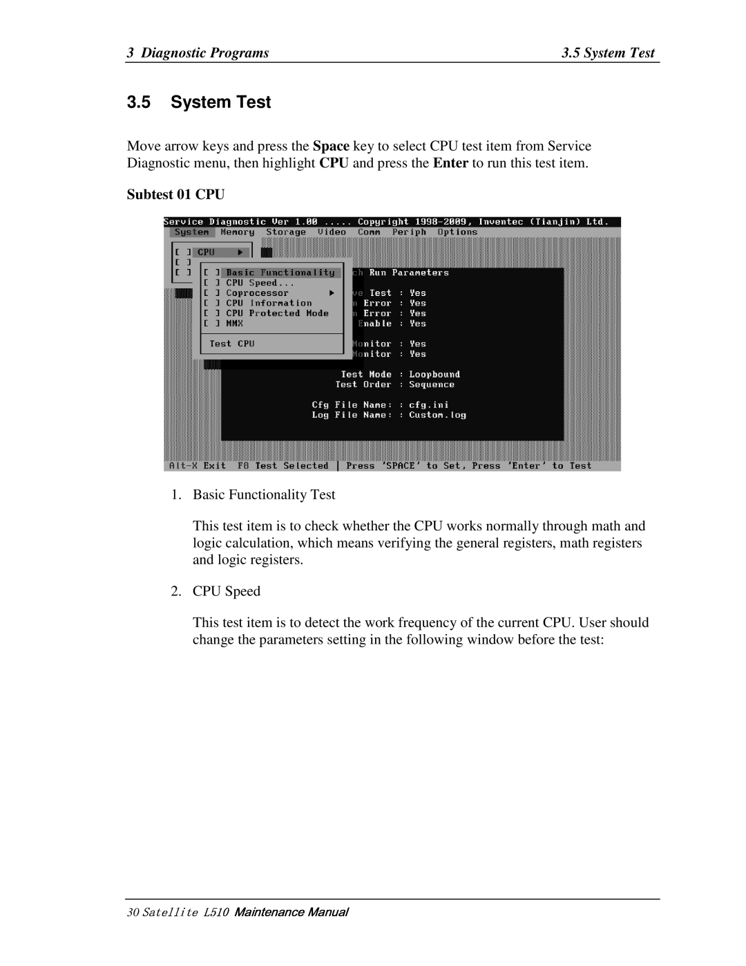 Toshiba L515, L517 manual 30   , SystemTest, Subtest01CPU, BasicFunctionalityTest, CPUSpeed 