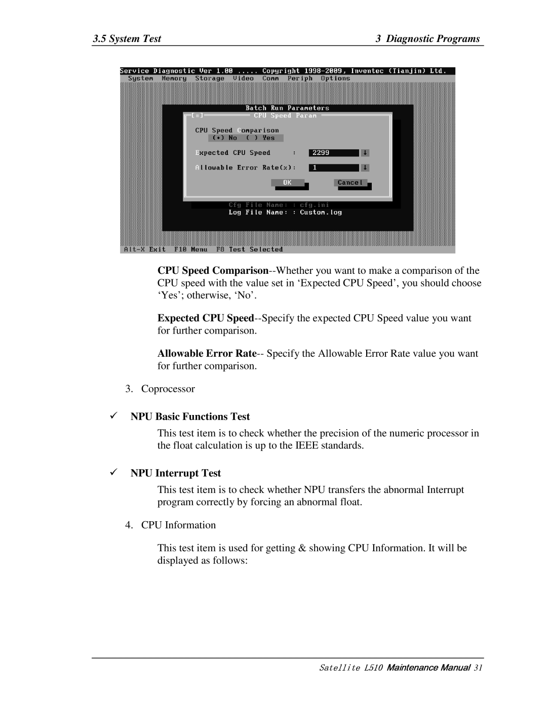 Toshiba L517, L515 manual Coprocessor, NPUBasicFunctionsTest, NPUInterruptTest, CPUInformation 