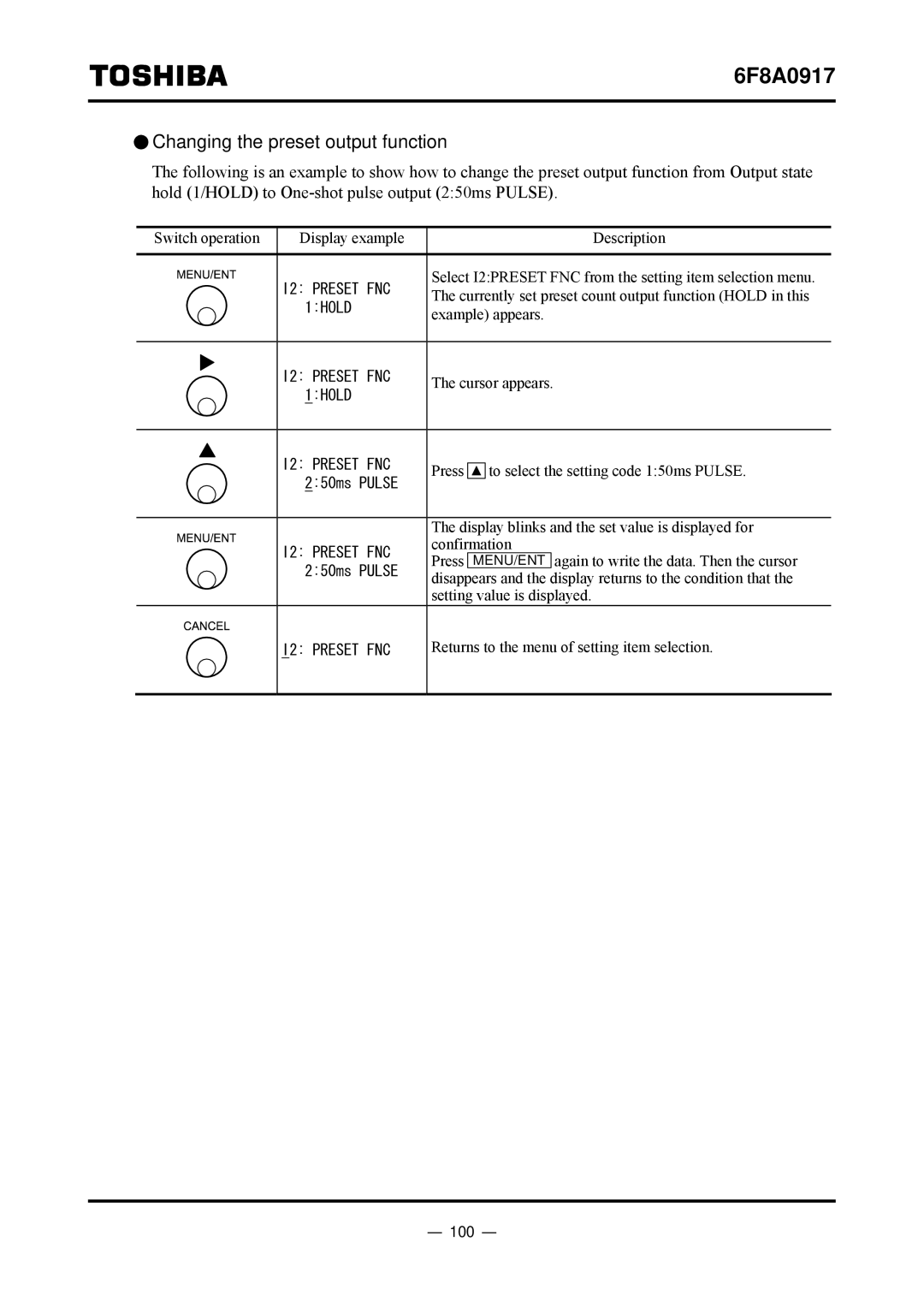 Toshiba L5232 manual Changing the preset output function, 100 