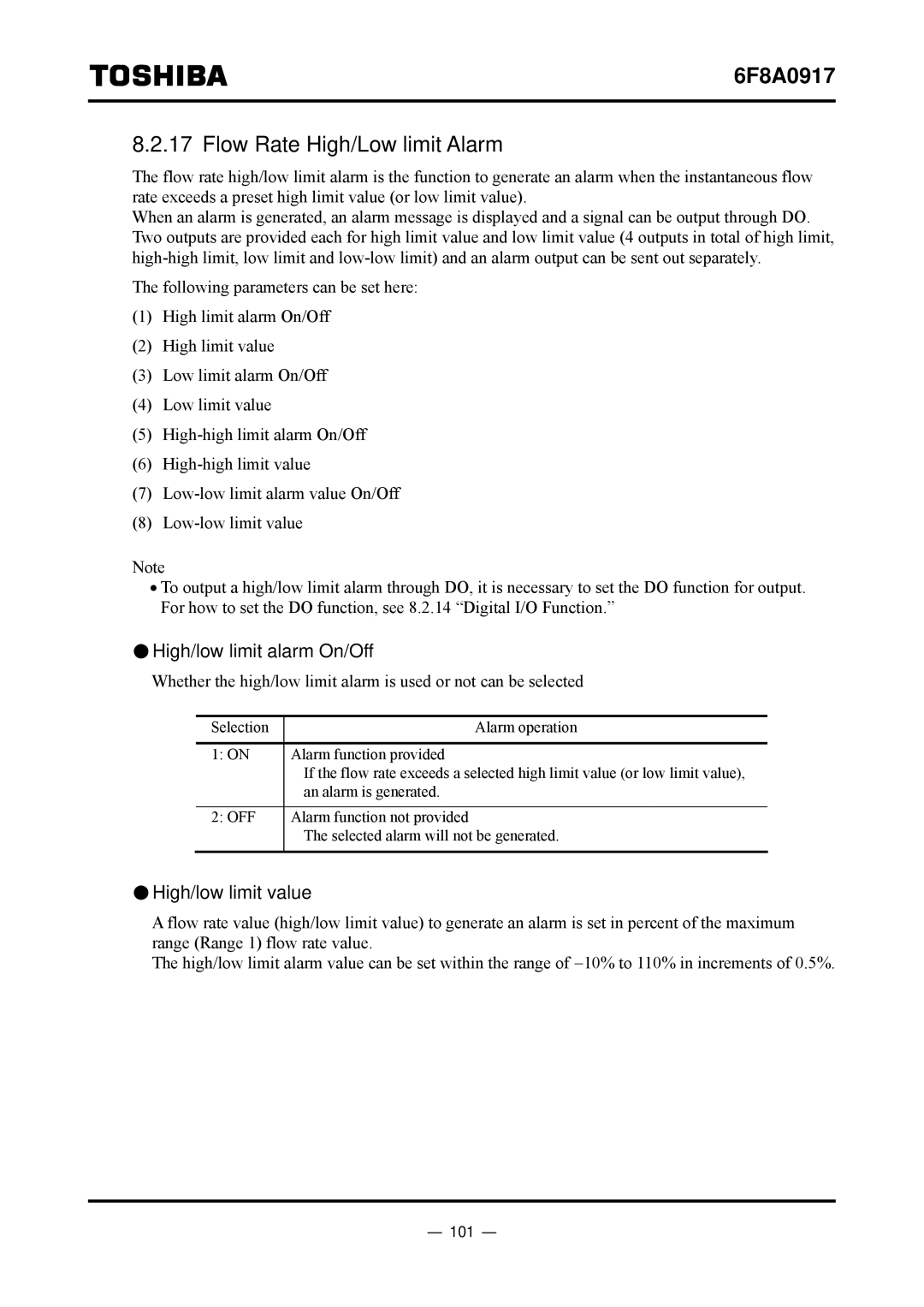 Toshiba L5232 manual Flow Rate High/Low limit Alarm, High/low limit alarm On/Off, High/low limit value, 101 