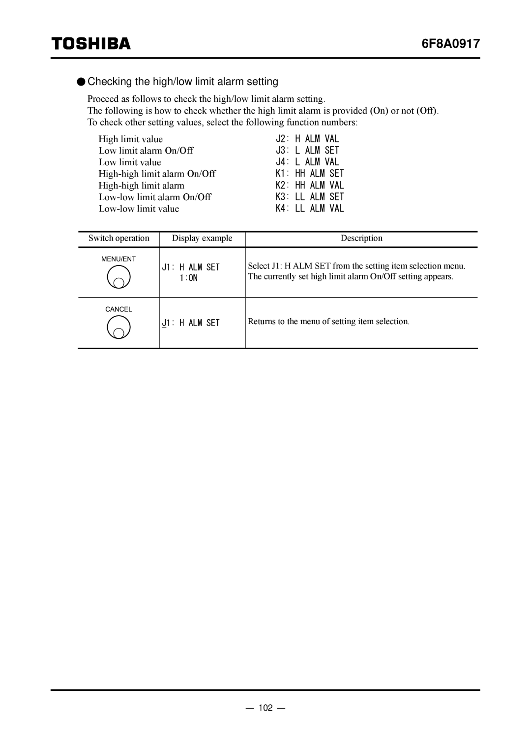 Toshiba L5232 manual Checking the high/low limit alarm setting, 102, High-high limit alarm, Low-low limit alarm On/Off 