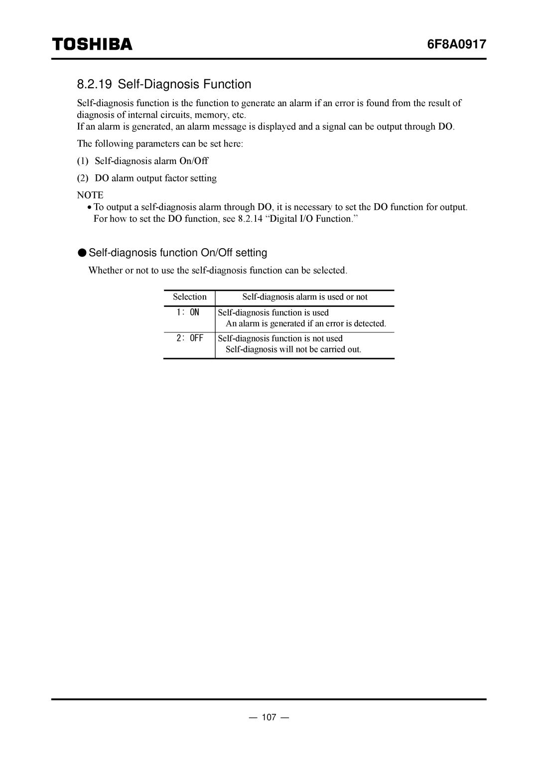 Toshiba L5232 manual Self-Diagnosis Function, Self-diagnosis function On/Off setting, 107 