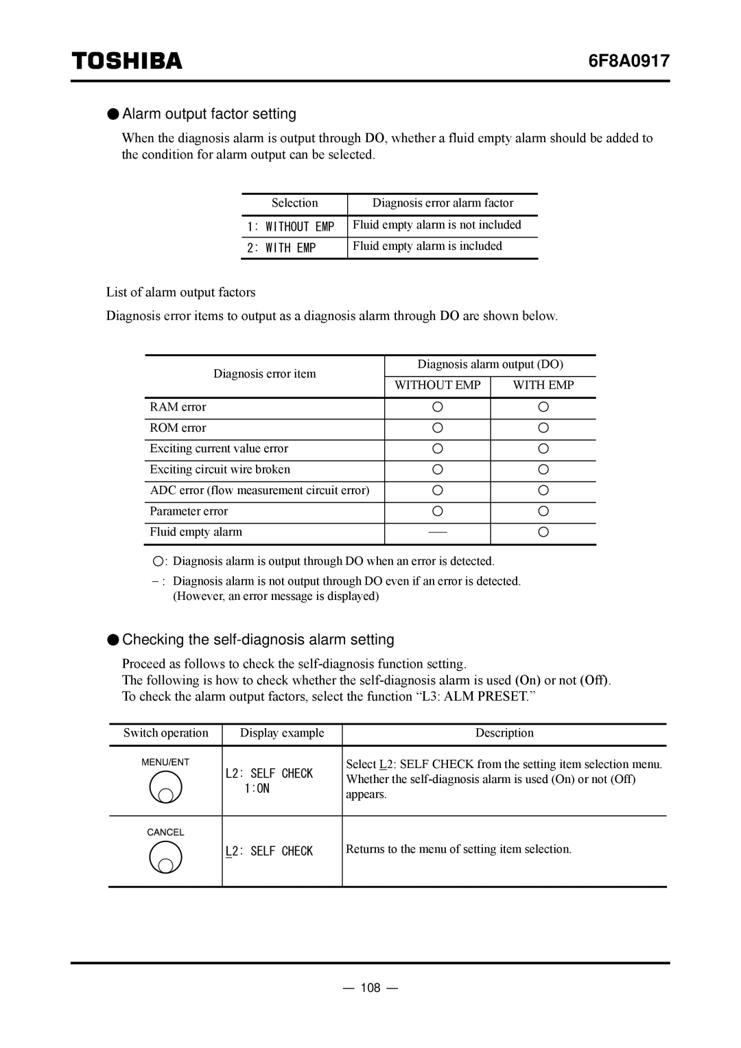 Toshiba L5232 manual Alarm output factor setting, Checking the self-diagnosis alarm setting, 108 