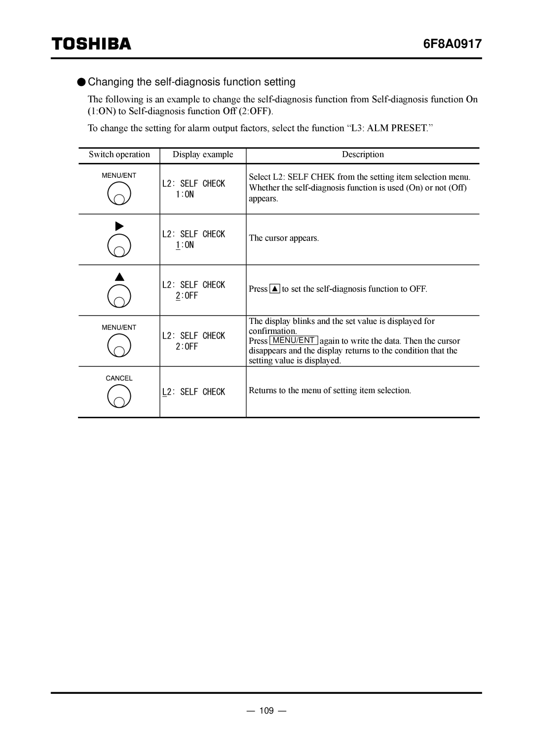 Toshiba L5232 manual Changing the self-diagnosis function setting, 109 