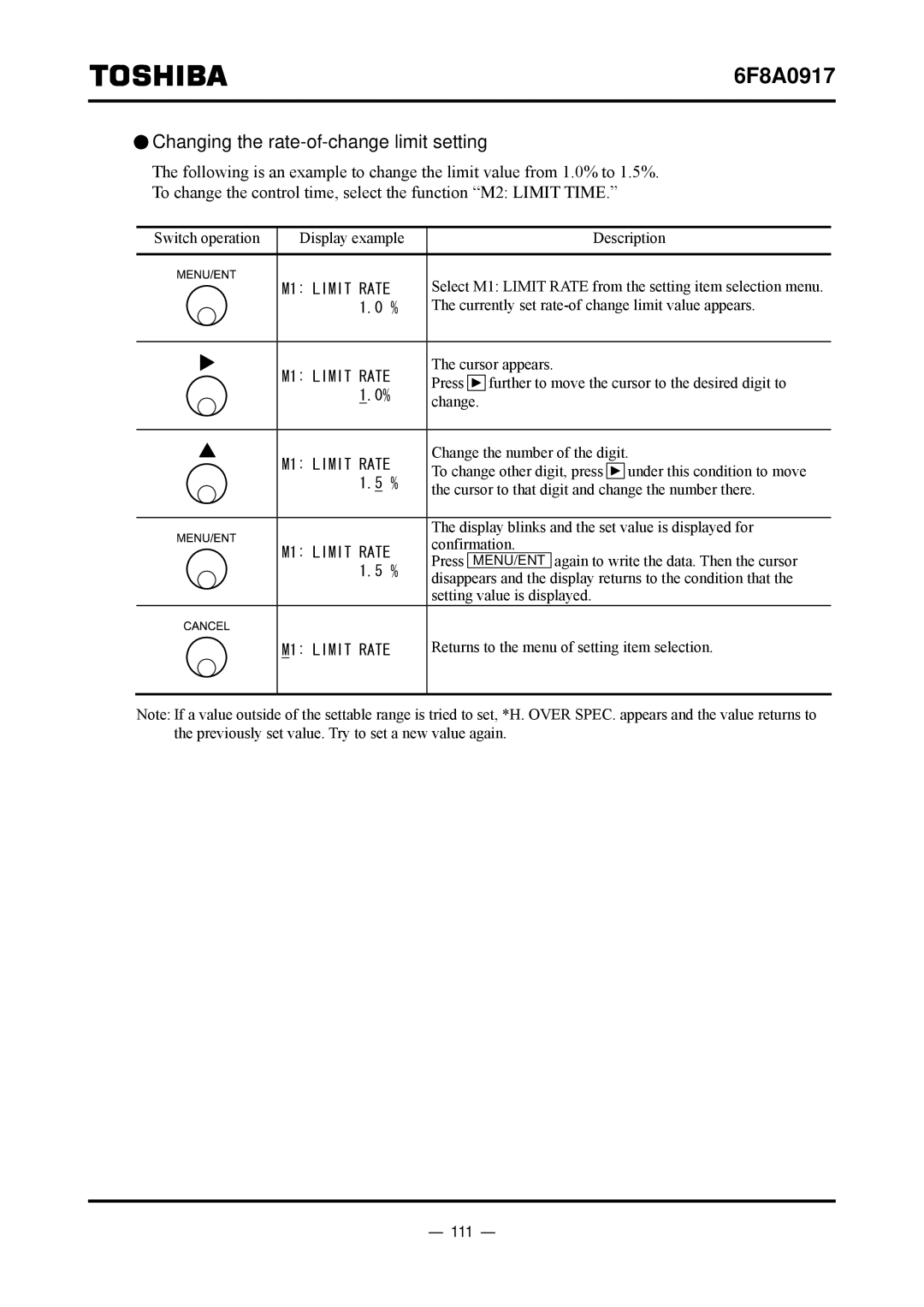 Toshiba L5232 manual Changing the rate-of-change limit setting, 111 