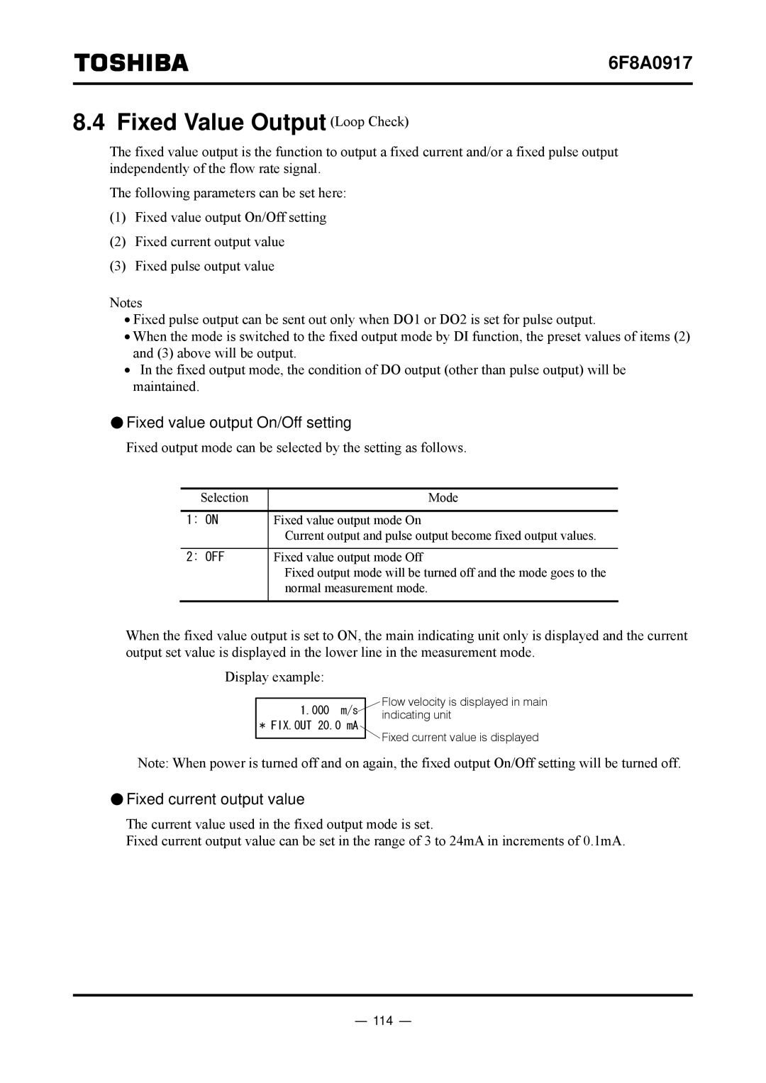 Toshiba L5232 manual Fixed Value Output Loop Check, Fixed value output On/Off setting, Fixed current output value, 114 