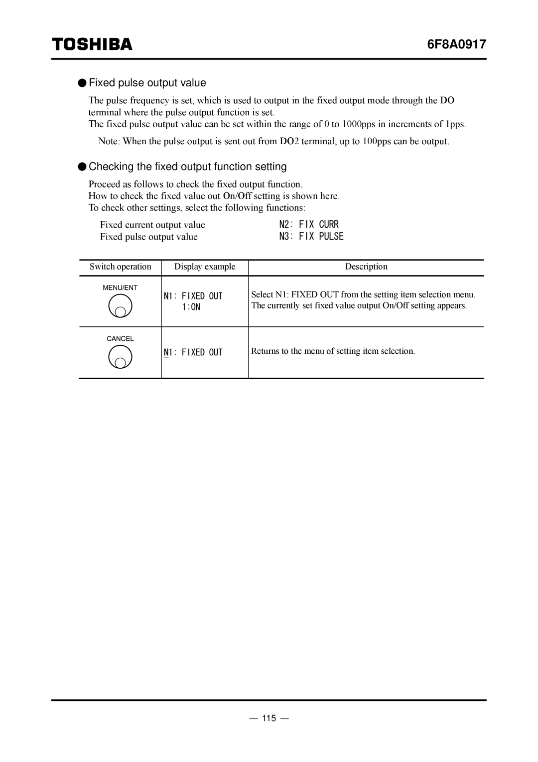 Toshiba L5232 manual Fixed pulse output value, Checking the fixed output function setting, 115 