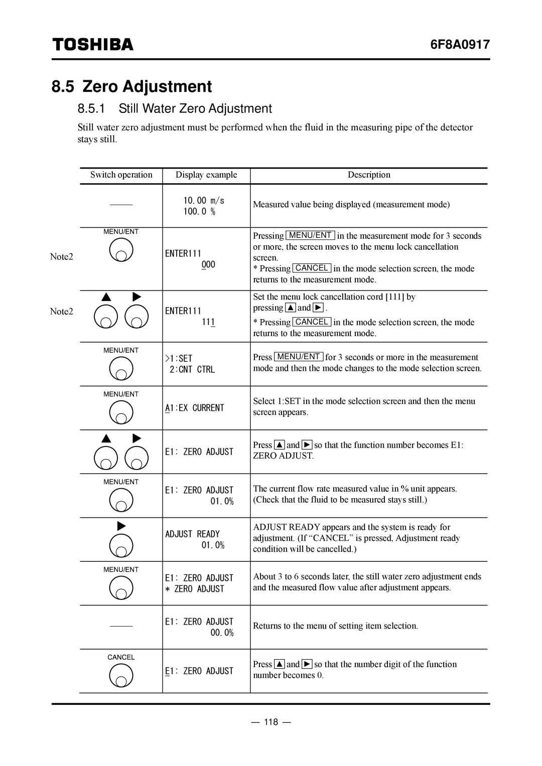 Toshiba L5232 manual Still Water Zero Adjustment, 118 