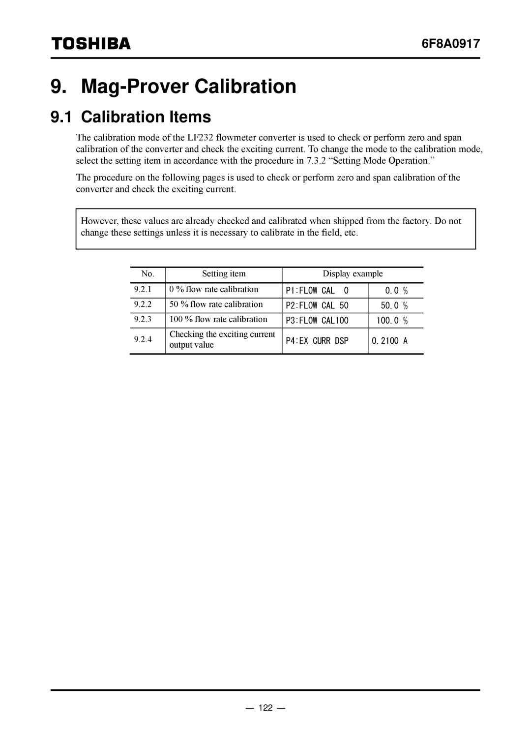 Toshiba L5232 manual Mag-Prover Calibration, Calibration Items, 122 