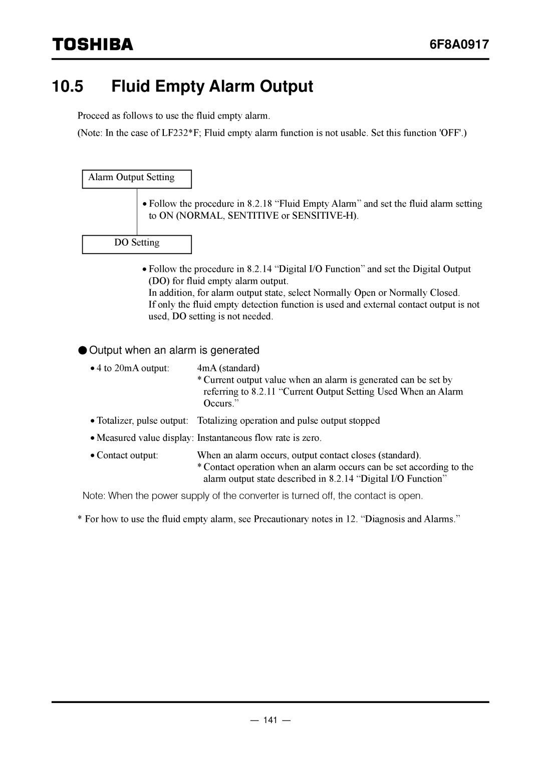 Toshiba L5232 manual Fluid Empty Alarm Output, Output when an alarm is generated, 141 