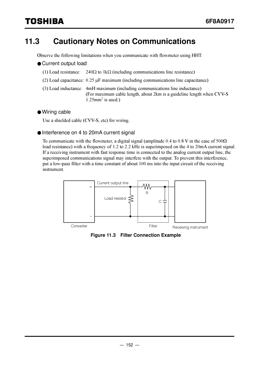 Toshiba L5232 manual Current output load, Wiring cable, Interference on 4 to 20mA current signal, 152 