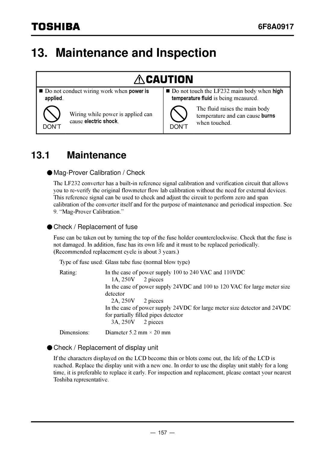 Toshiba L5232 manual Maintenance and Inspection 