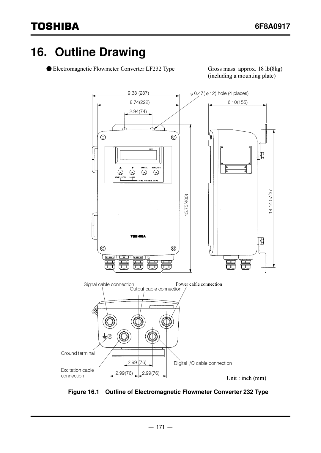 Toshiba L5232 manual Outline Drawing, 171, Electromagnetic Flowmeter Converter LF232 Type 