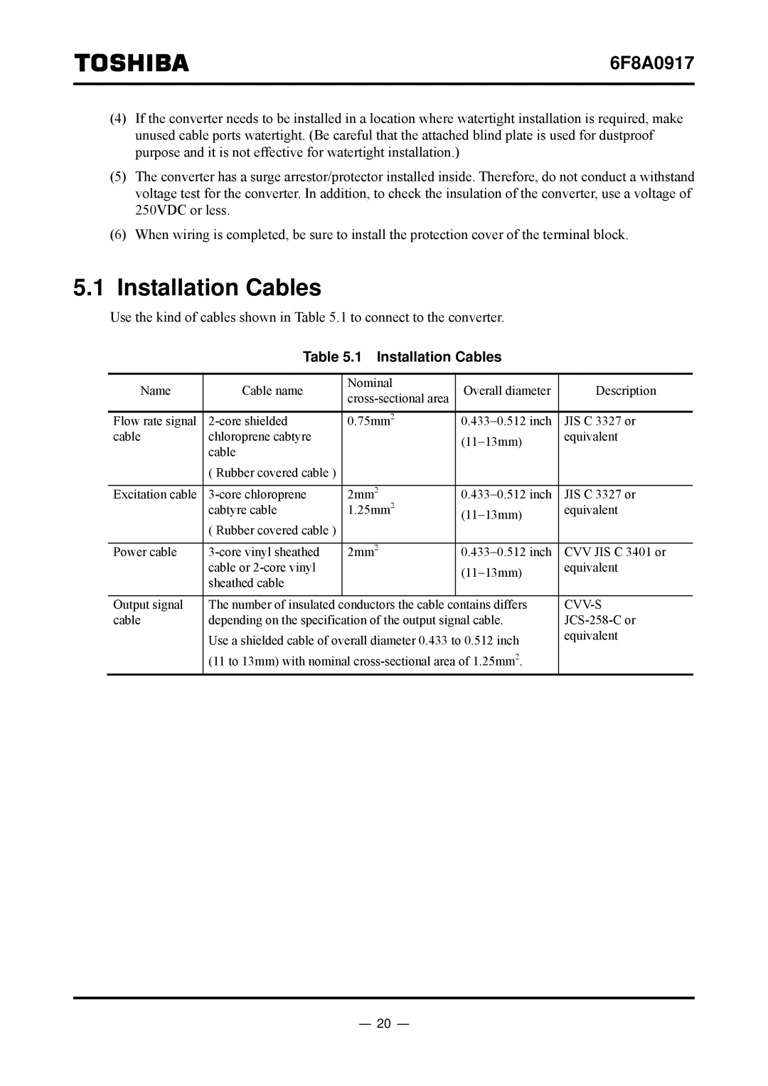 Toshiba L5232 manual Installation Cables 