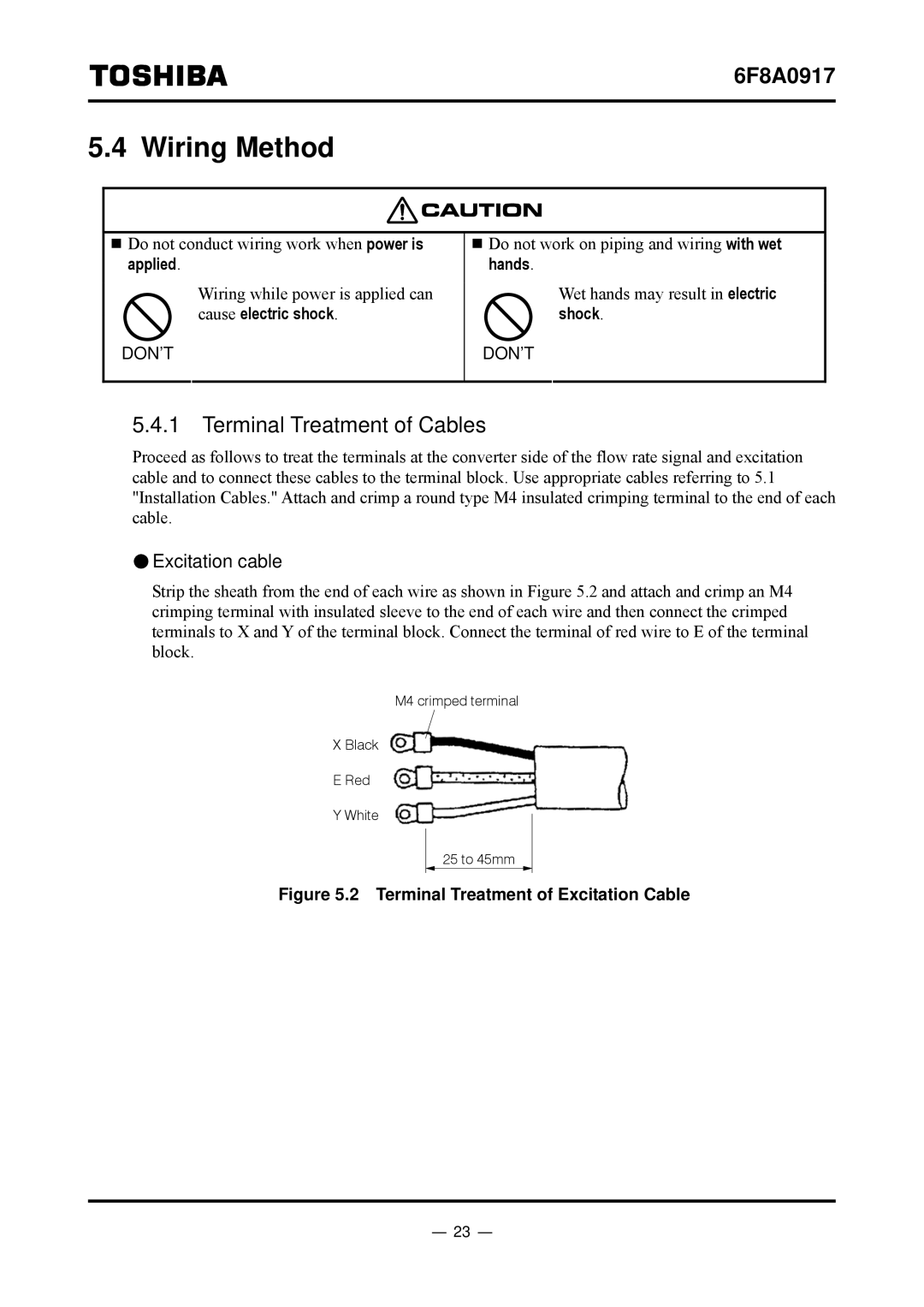 Toshiba L5232 manual Wiring Method, Terminal Treatment of Cables, Excitation cable 