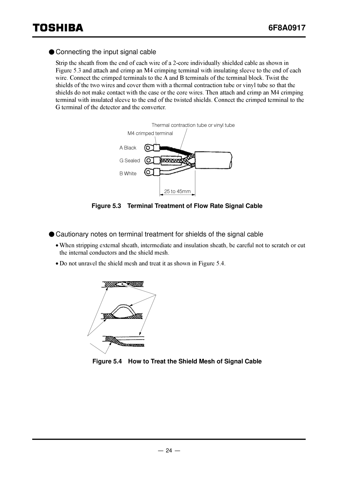 Toshiba L5232 manual Connecting the input signal cable, Terminal Treatment of Flow Rate Signal Cable 