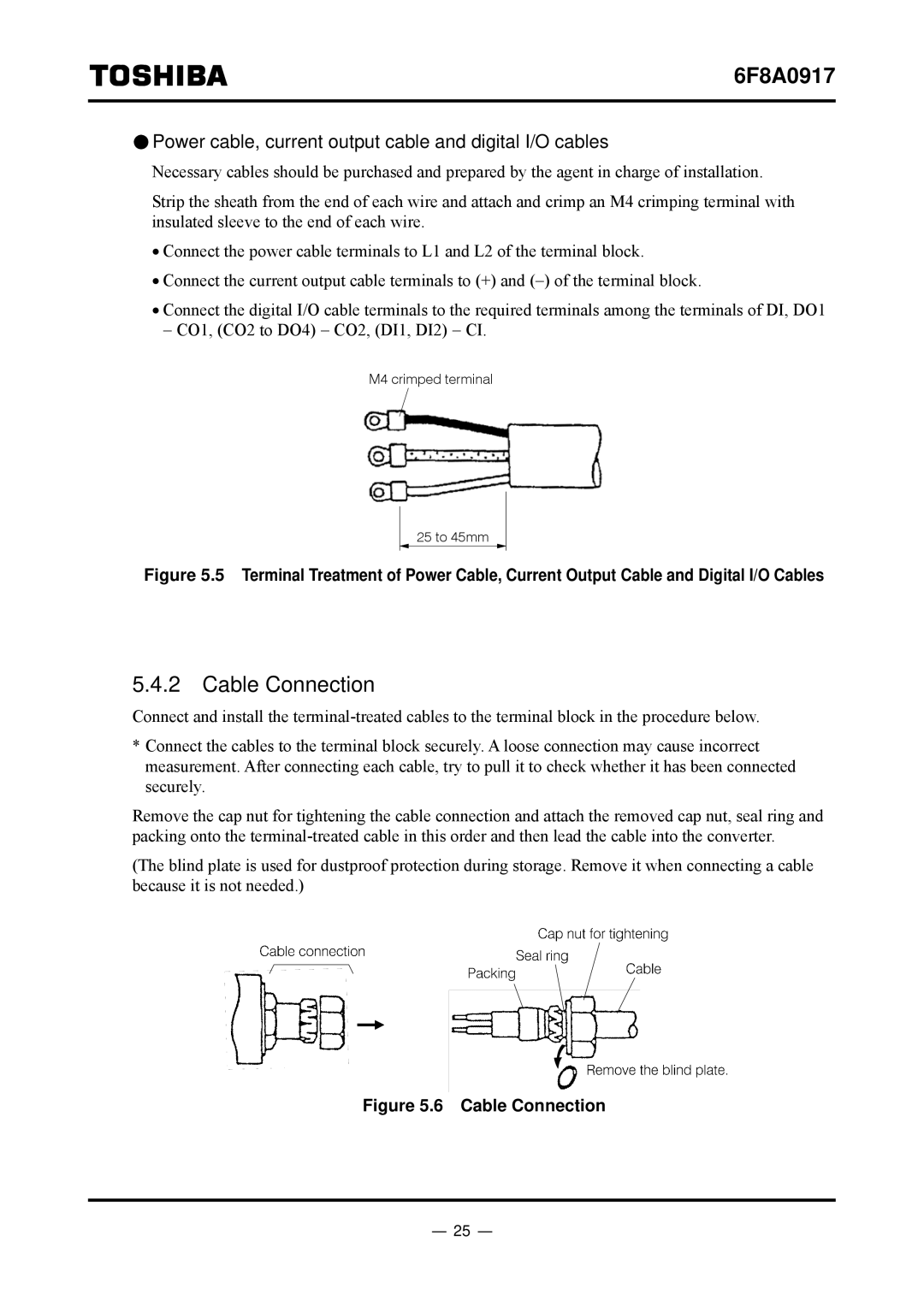 Toshiba L5232 manual Cable Connection, Power cable, current output cable and digital I/O cables 