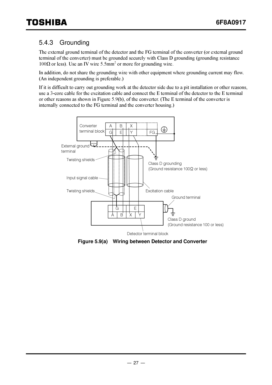 Toshiba L5232 manual Grounding, 9a Wiring between Detector and Converter 