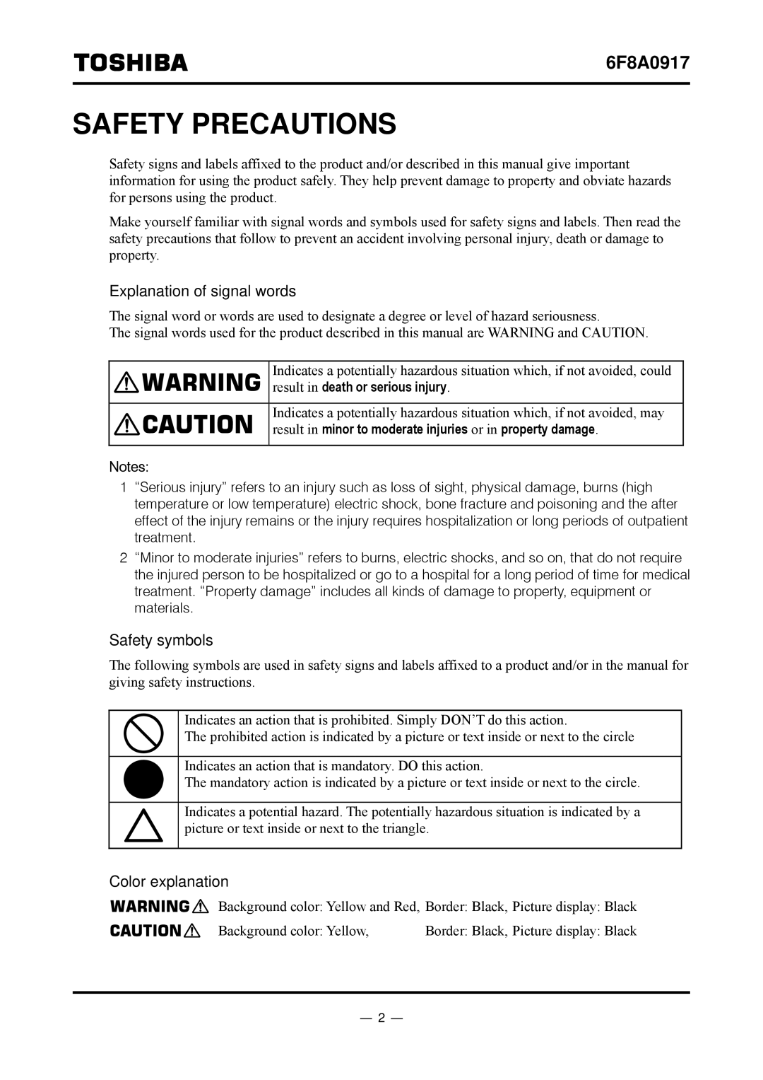 Toshiba L5232 manual Explanation of signal words, Safety symbols, Color explanation 