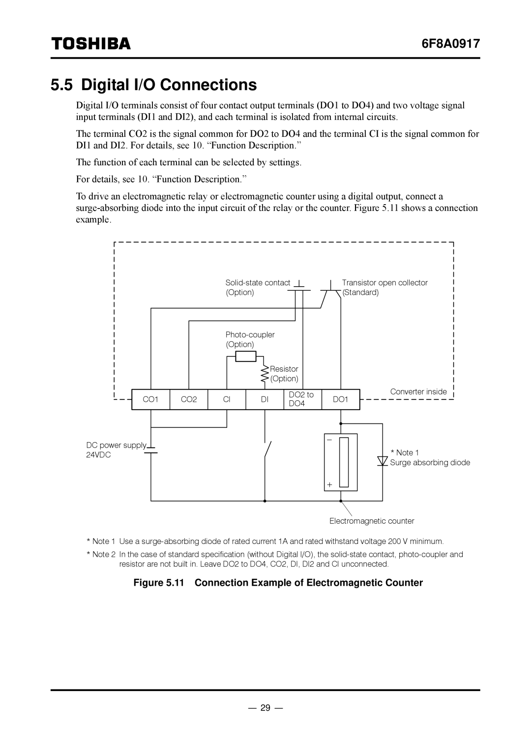 Toshiba L5232 manual Digital I/O Connections, Connection Example of Electromagnetic Counter 