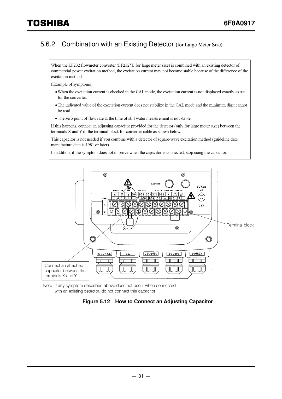 Toshiba L5232 manual Combination with an Existing Detector for Large Meter Size, How to Connect an Adjusting Capacitor 