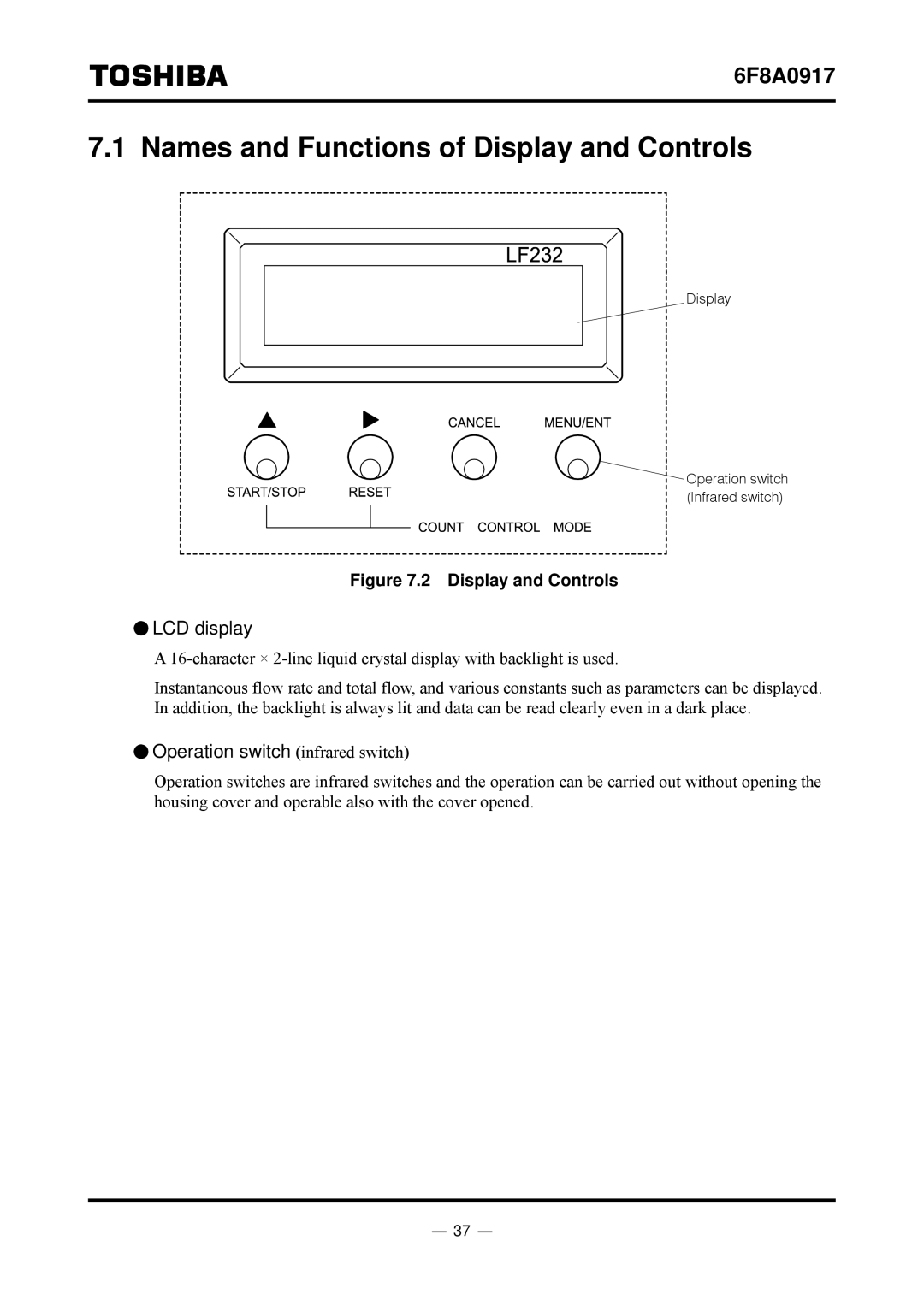 Toshiba L5232 manual Names and Functions of Display and Controls, LCD display, Operation switch infrared switch 