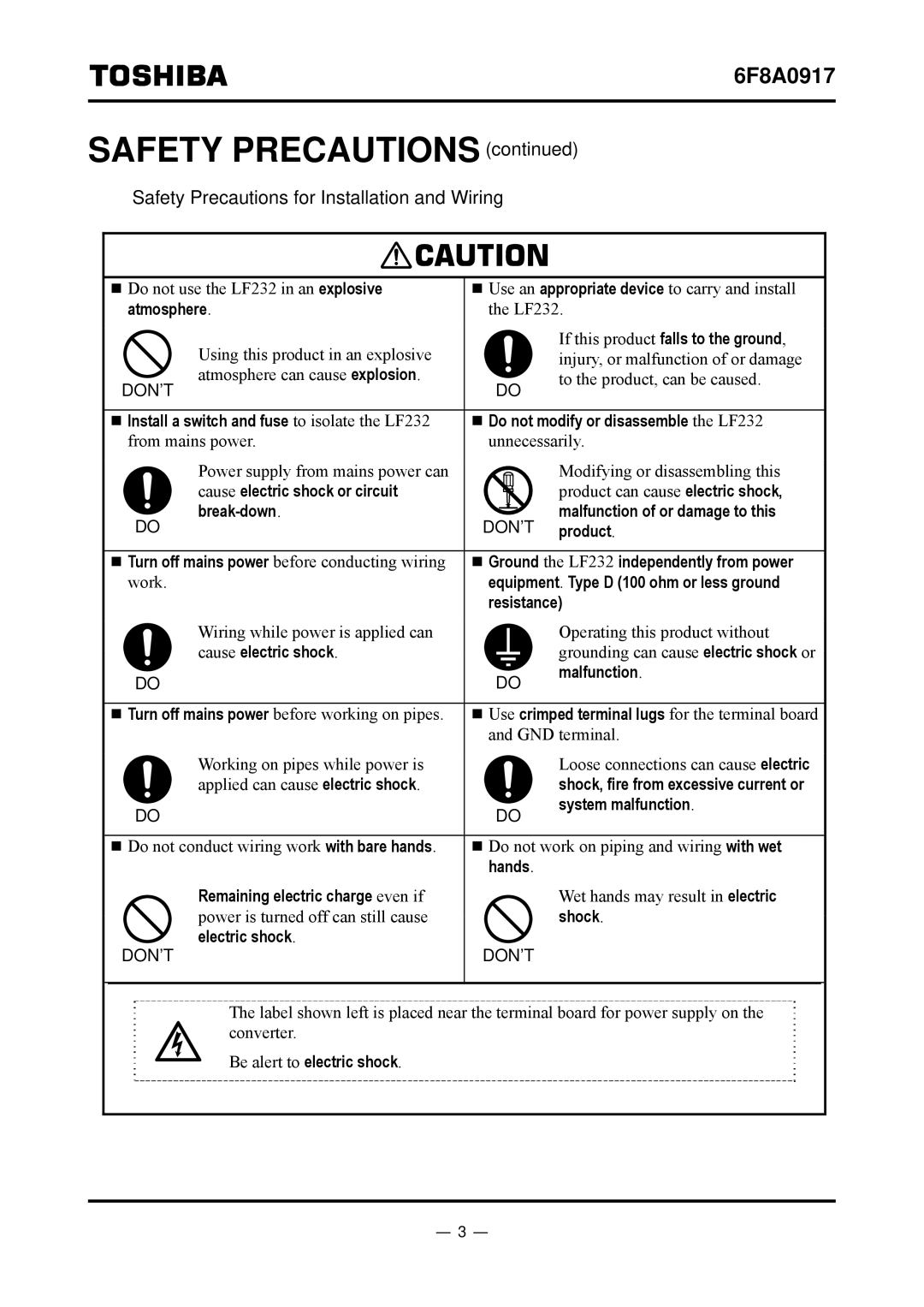 Toshiba L5232 manual Safety Precautions for Installation and Wiring 