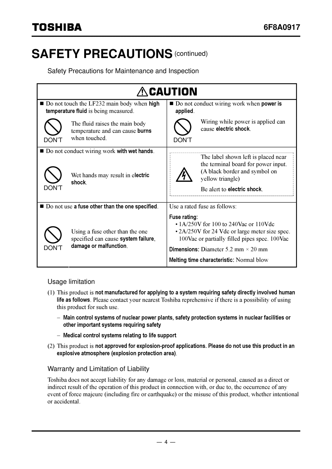 Toshiba L5232 Safety Precautions for Maintenance and Inspection, Usage limitation, Warranty and Limitation of Liability 